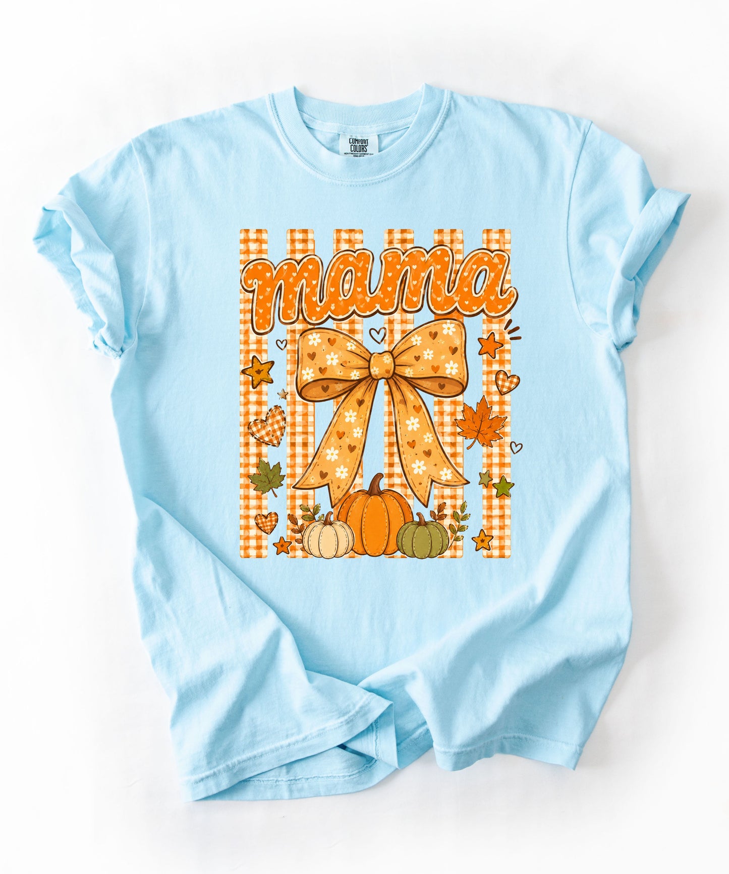 Mama fall pumpkin graphic tee in Chambray— coquette bow and gingham design, relaxed fit