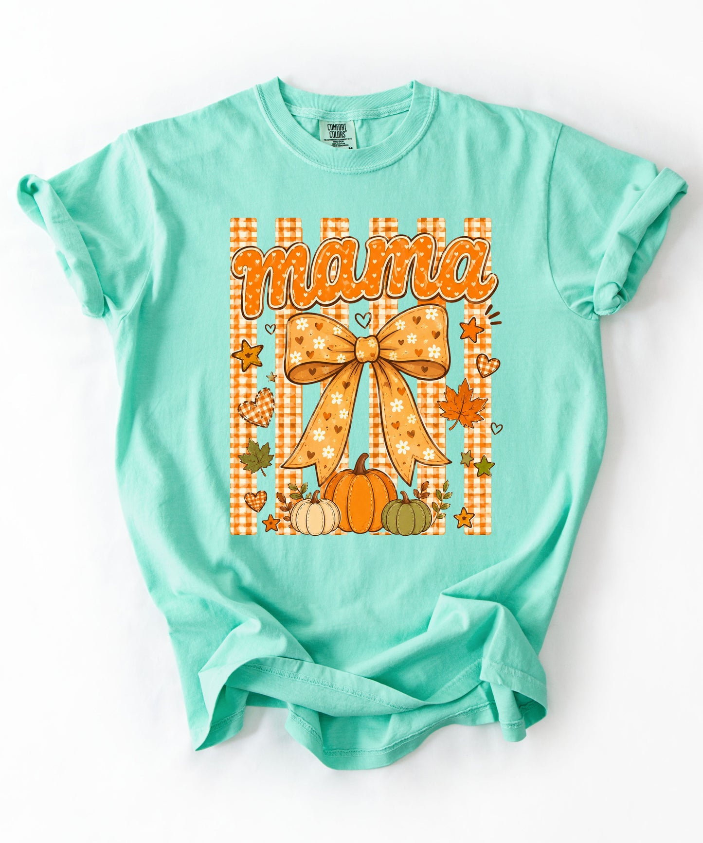 Mama fall pumpkin graphic tee in Island Reef — coquette bow and gingham design, relaxed fit