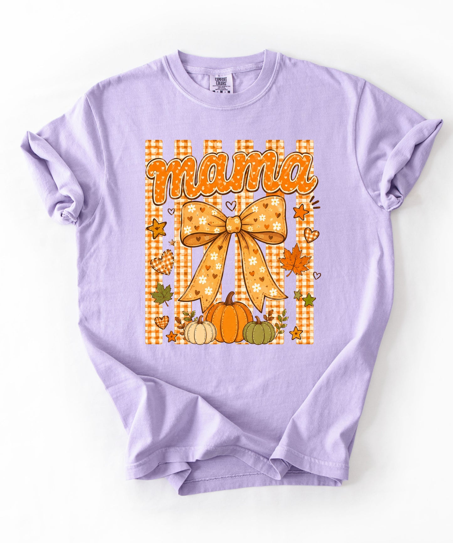 Mama fall pumpkin graphic tee in Orchid — coquette bow and gingham design, relaxed fit