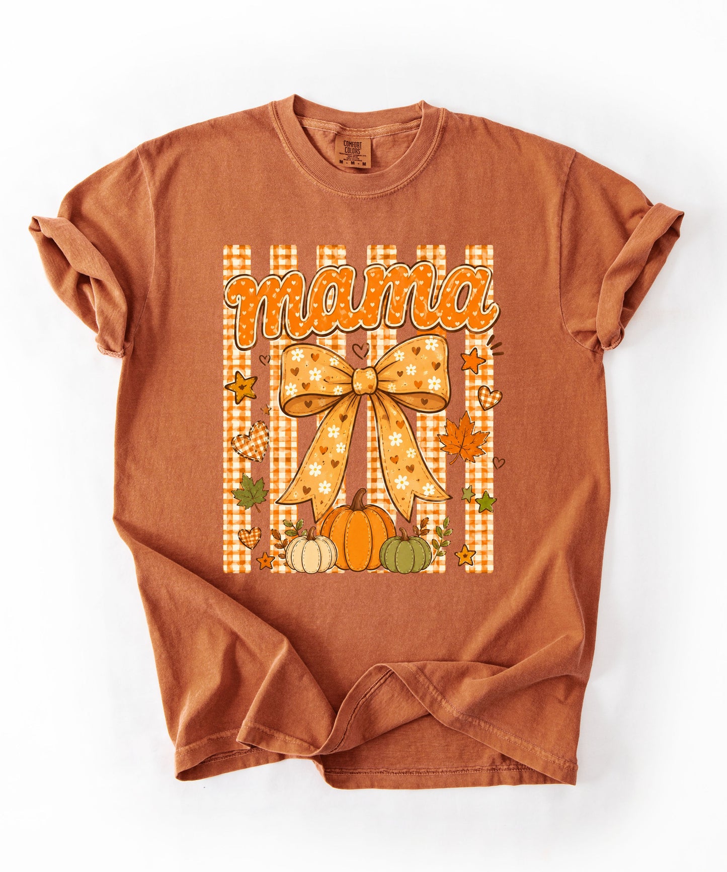 Mama fall pumpkin graphic tee in Yam — coquette bow and gingham design, relaxed fit