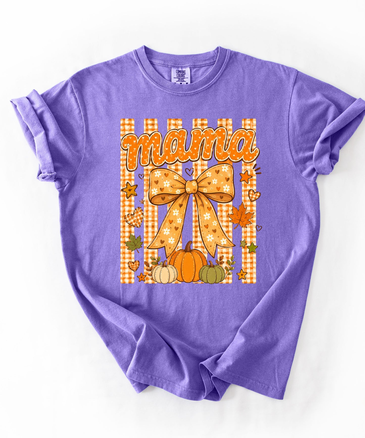 Mama fall pumpkin graphic tee in Violet — coquette bow and gingham design, relaxed fit