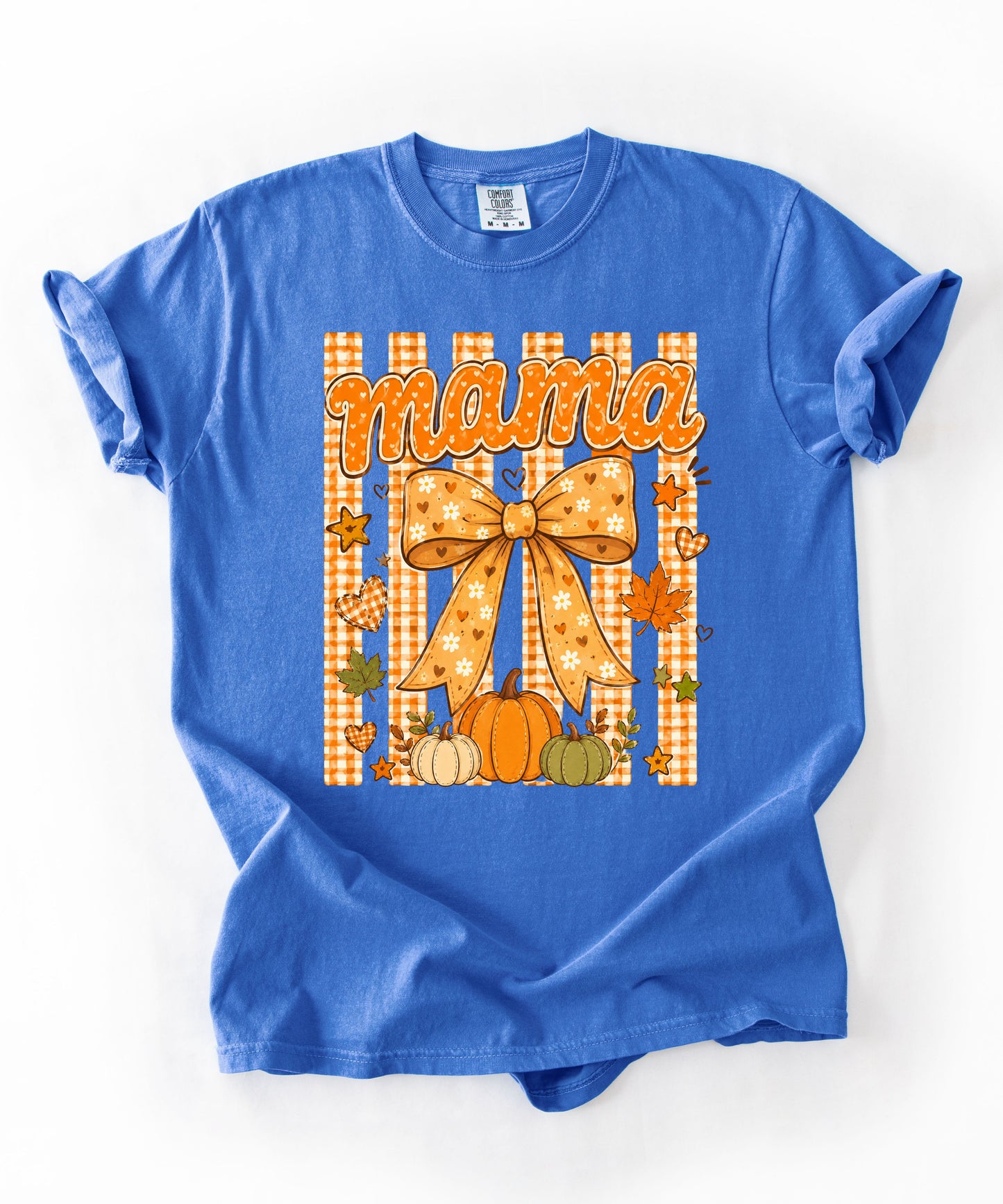 Mama fall pumpkin graphic tee in Flo Blue — coquette bow and gingham design, relaxed fit