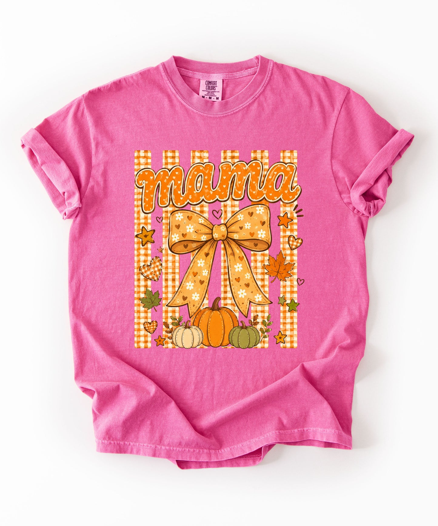 Mama fall pumpkin graphic tee in Crunchberry — coquette bow and gingham design, relaxed fit
