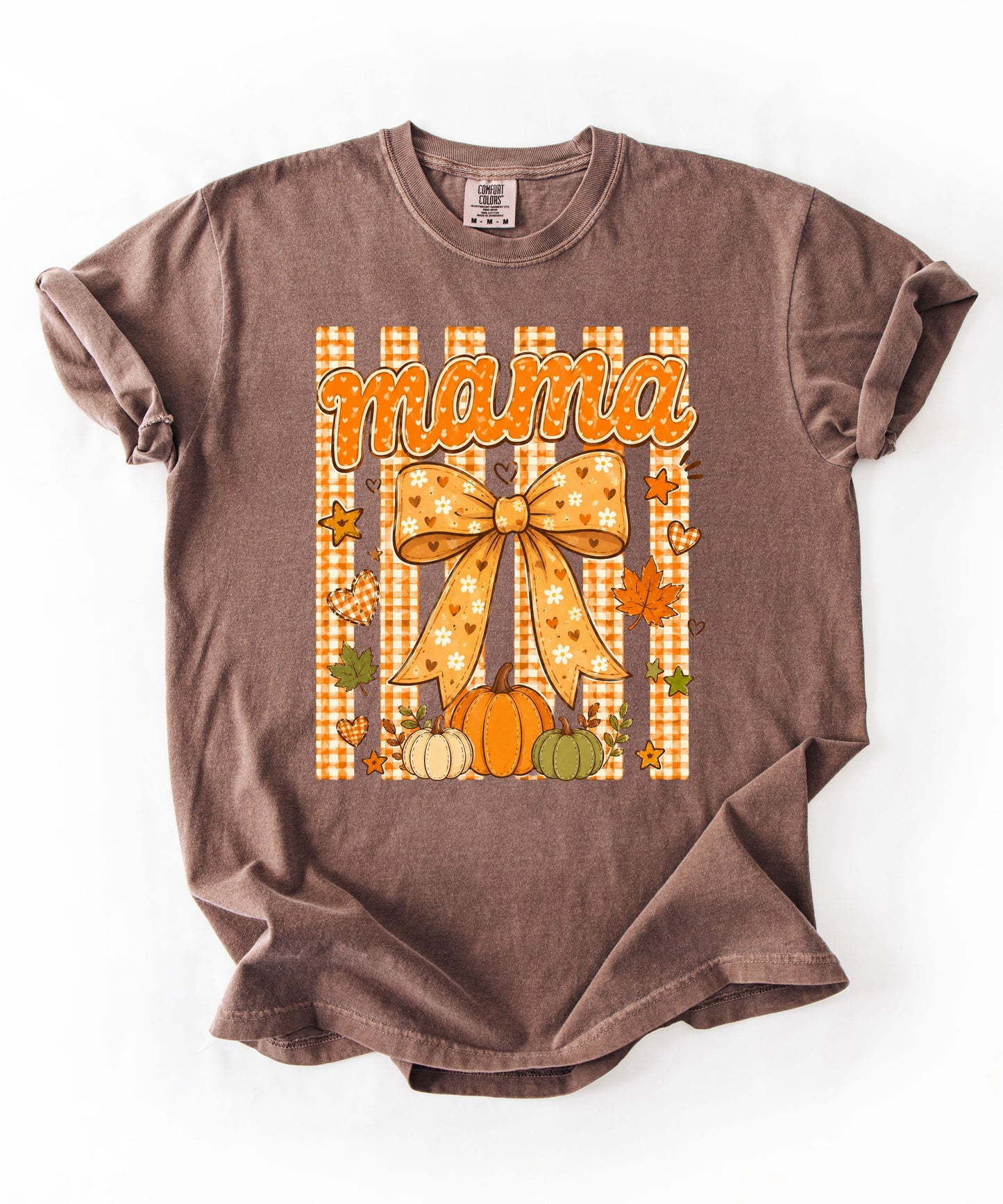 Mama fall pumpkin graphic tee in Espresso — coquette bow and gingham design, relaxed fit