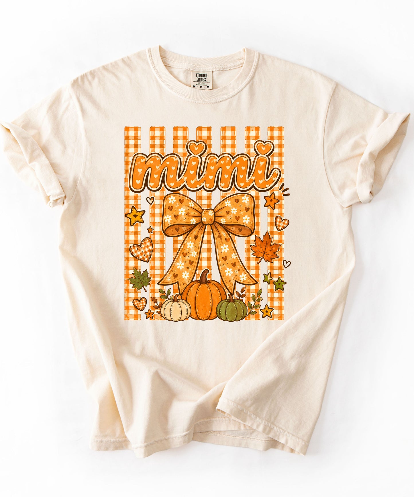 Mimi fall pumpkin graphic tee in Ivory — coquette bow and gingham design, relaxed fit