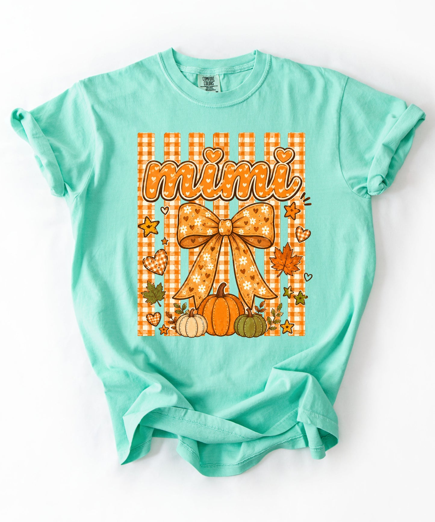 Mimi fall pumpkin graphic tee in Island Reef — coquette bow and gingham design, relaxed fit