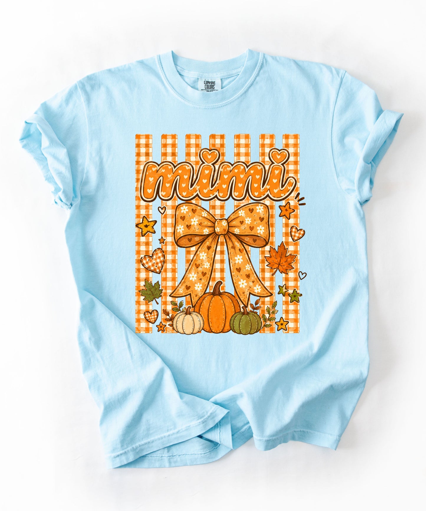 Mimi fall pumpkin graphic tee in Chambray — coquette bow and gingham design, relaxed fit