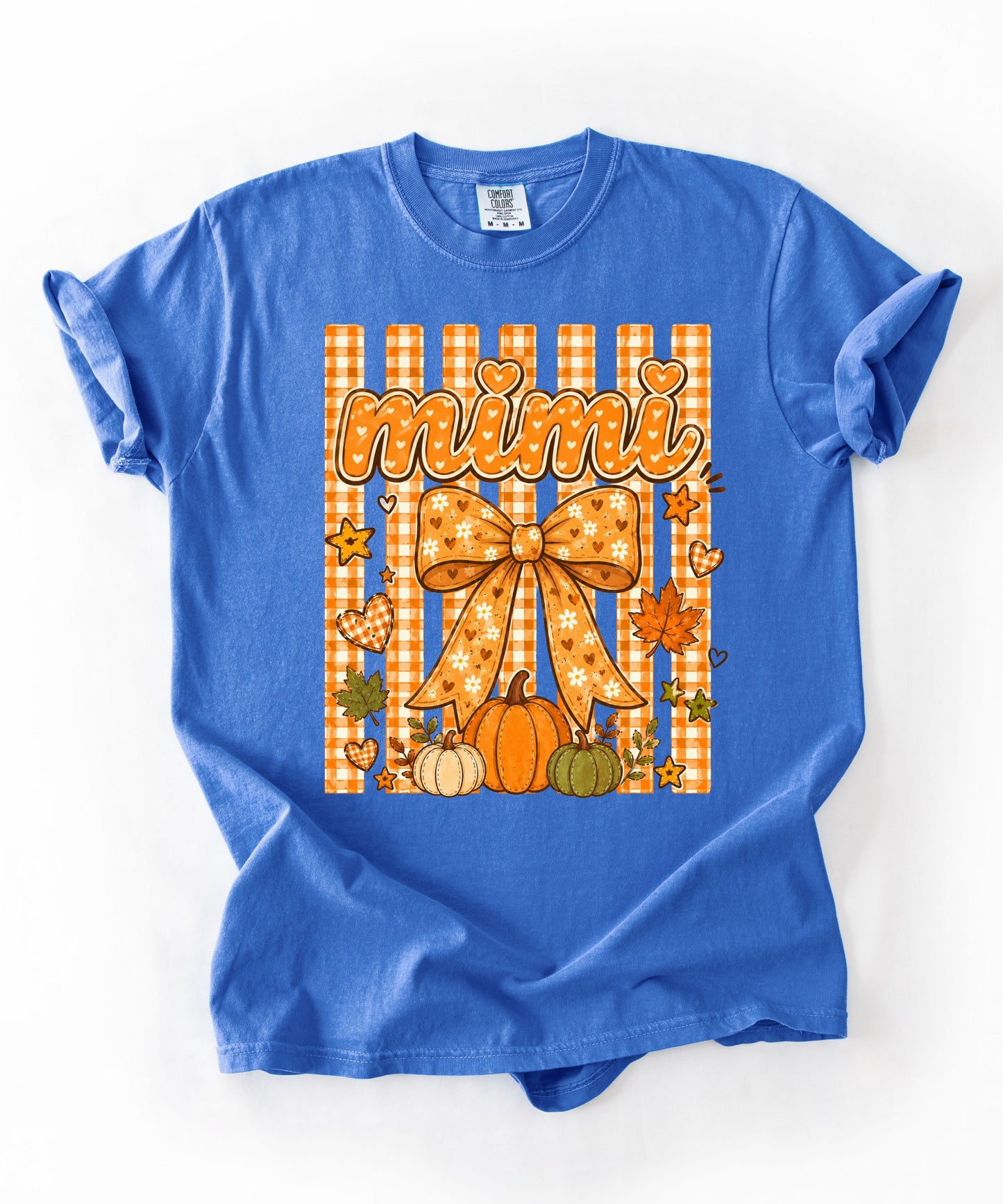 Mimi fall pumpkin graphic tee in Flo Blue — coquette bow and gingham design, relaxed fit
