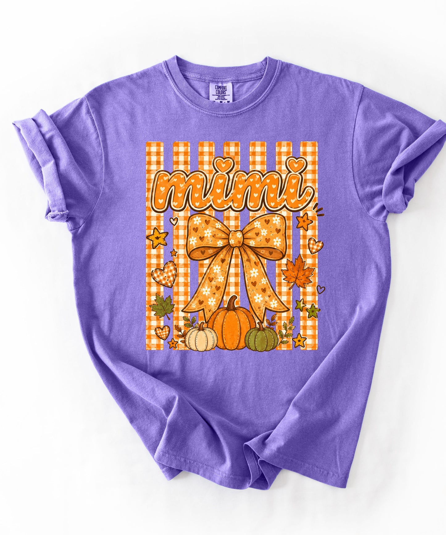 Mimi fall pumpkin graphic tee in Violet — coquette bow and gingham design, relaxed fit