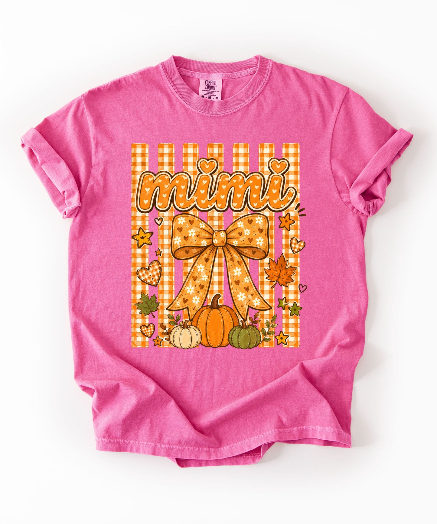 Mimi fall pumpkin graphic tee in Crunchberry — coquette bow and gingham design, relaxed fit
