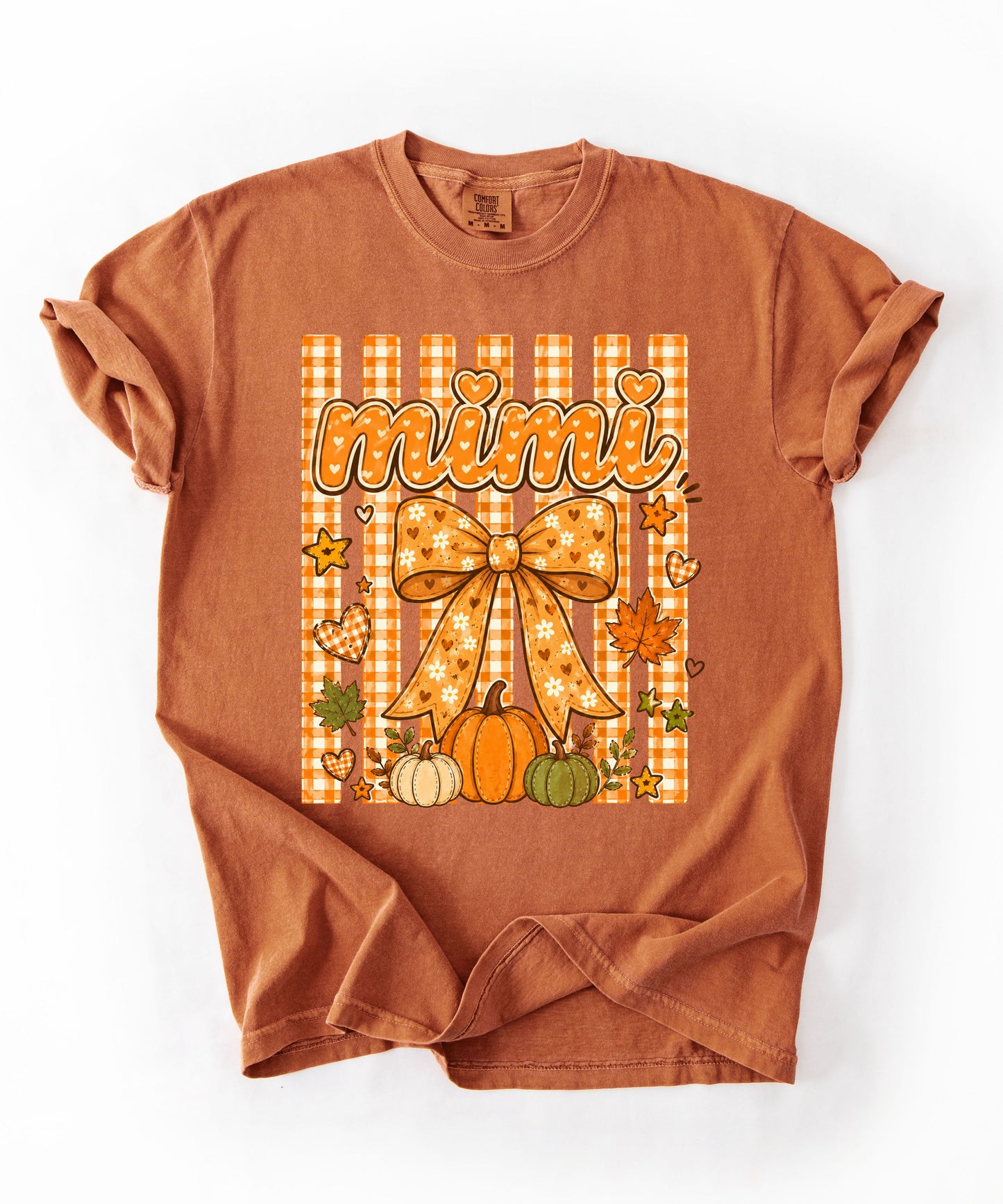 Mimi fall pumpkin graphic tee in Yam — coquette bow and gingham design, relaxed fit