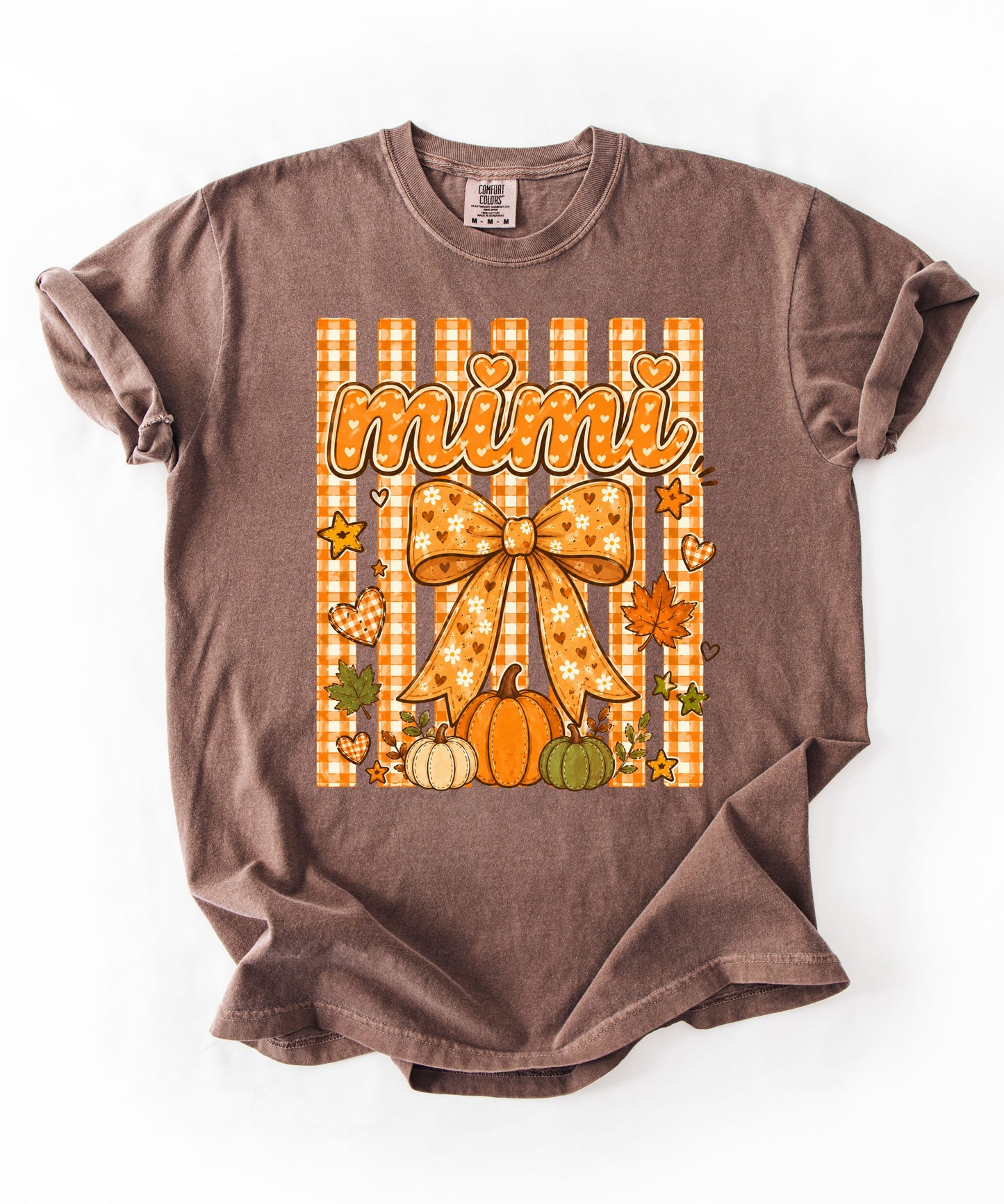 Mimi fall pumpkin graphic tee in Espresso— coquette bow and gingham design, relaxed fit