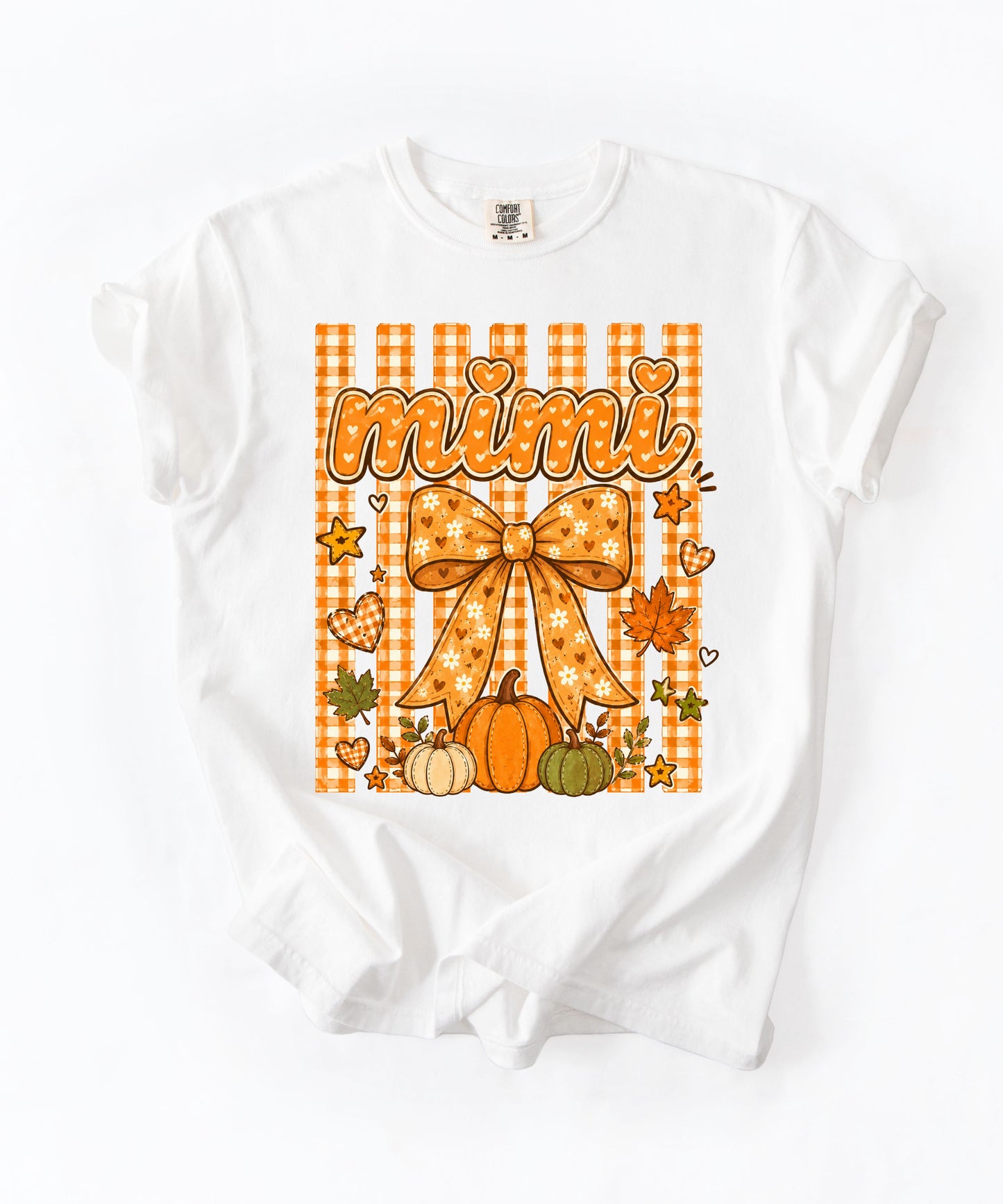 Mimi fall pumpkin graphic tee in White — coquette bow and gingham design, relaxed fit