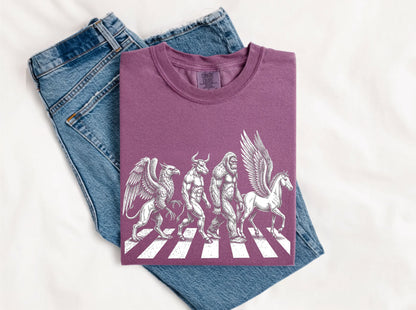 Mythic creatures Abbey Road parody tee in Berry — Griffin Centaur Bigfoot Pegasus crosswalk graphic