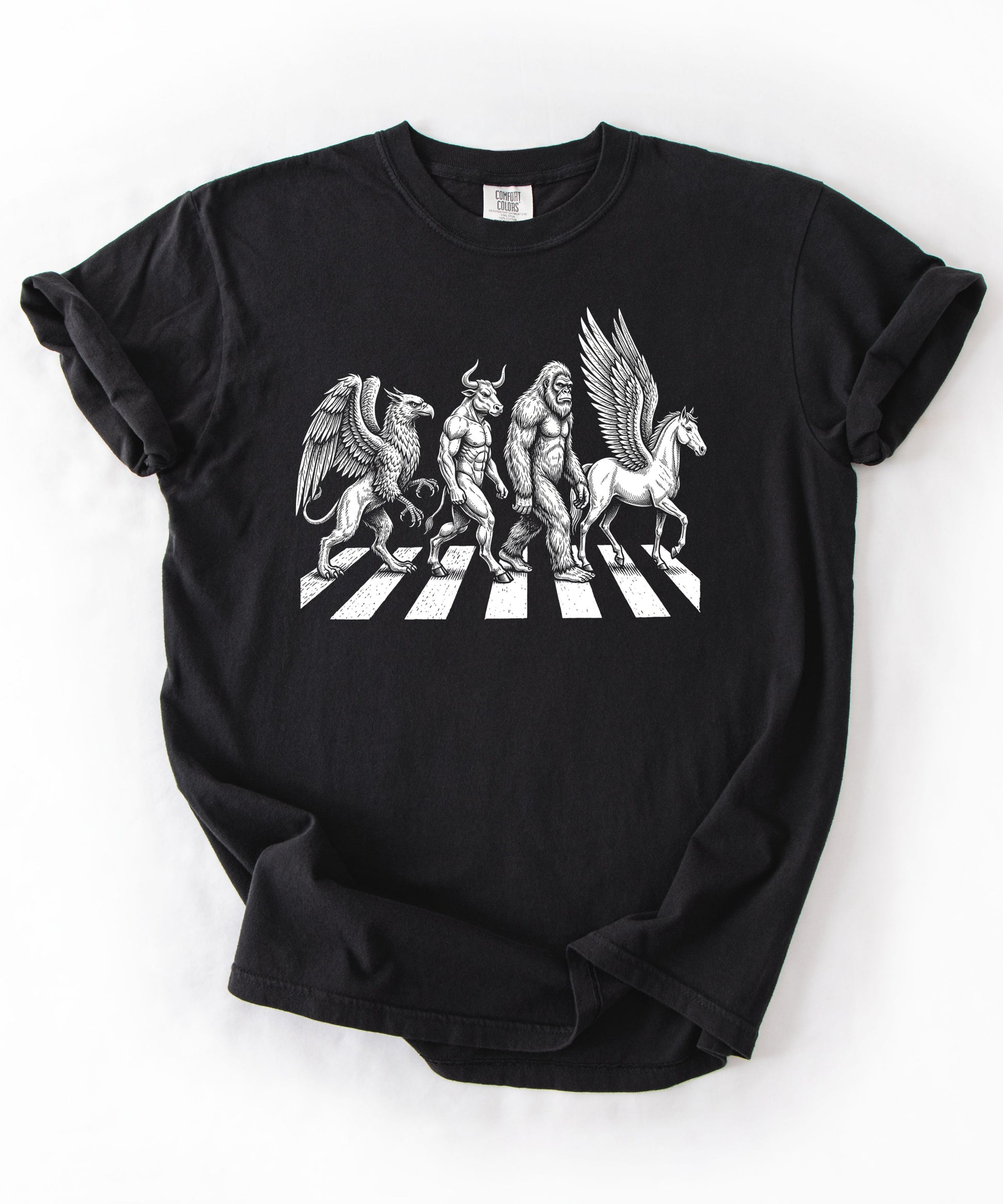 Mythic creatures Abbey Road parody tee in Black — Griffin Centaur Bigfoot Pegasus crosswalk graphic