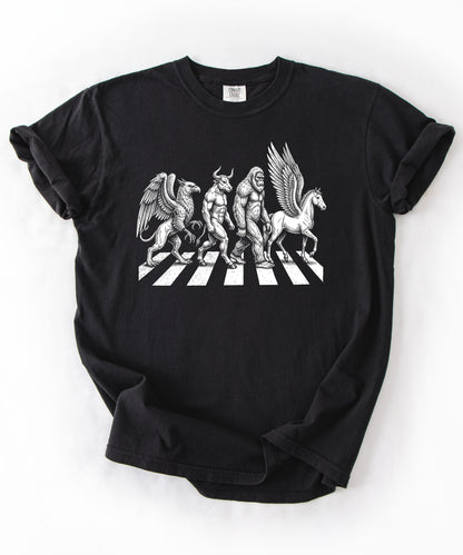 Mythic creatures Abbey Road parody tee in Black — Griffin Centaur Bigfoot Pegasus crosswalk graphic