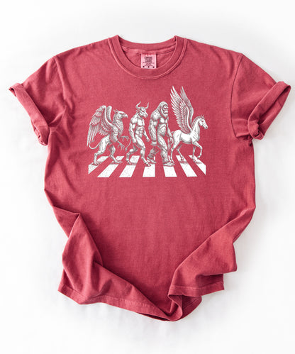 Mythic creatures Abbey Road parody tee in Crimson — Griffin Centaur Bigfoot Pegasus crosswalk graphic