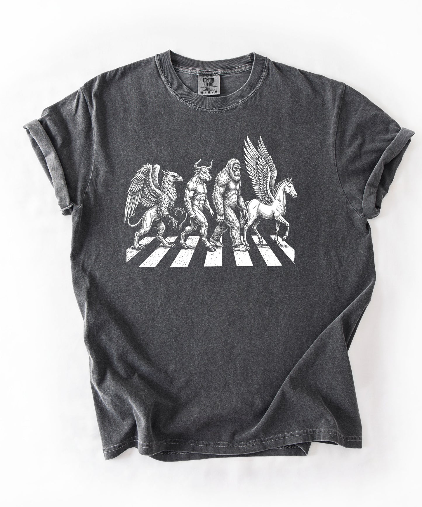 Mythic creatures Abbey Road parody tee in Pepper — Griffin Centaur Bigfoot Pegasus crosswalk graphic
