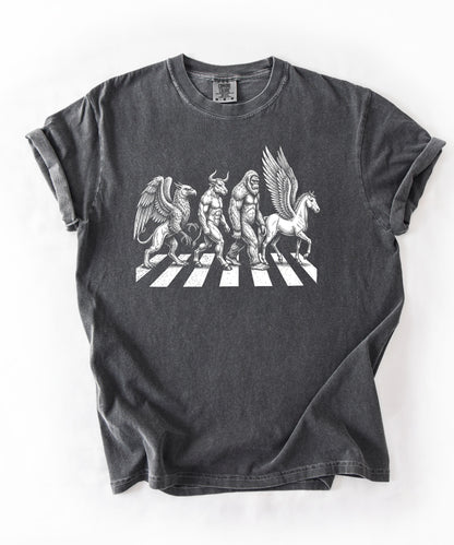 Mythic creatures Abbey Road parody tee in Pepper — Griffin Centaur Bigfoot Pegasus crosswalk graphic
