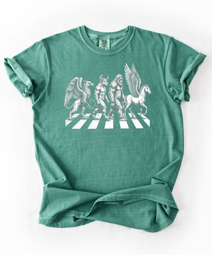 Mythic creatures Abbey Road parody tee in Light Green — Griffin Centaur Bigfoot Pegasus crosswalk graphic