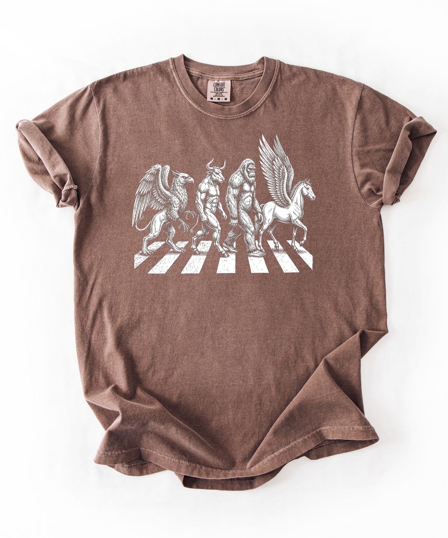 Mythic creatures Abbey Road parody tee in ESPRESSO — Griffin Centaur Bigfoot Pegasus crosswalk graphic