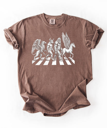 Mythic creatures Abbey Road parody tee in ESPRESSO — Griffin Centaur Bigfoot Pegasus crosswalk graphic