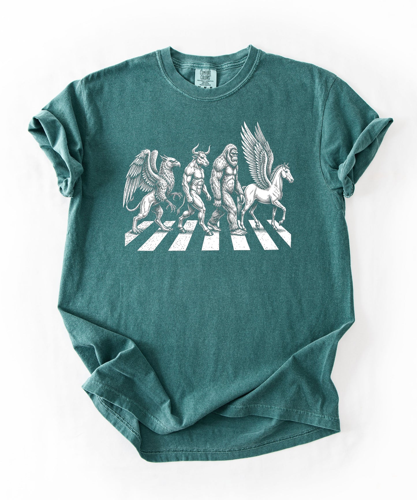 Mythic creatures Abbey Road parody tee in Blue Spruce— Griffin Centaur Bigfoot Pegasus crosswalk graphic