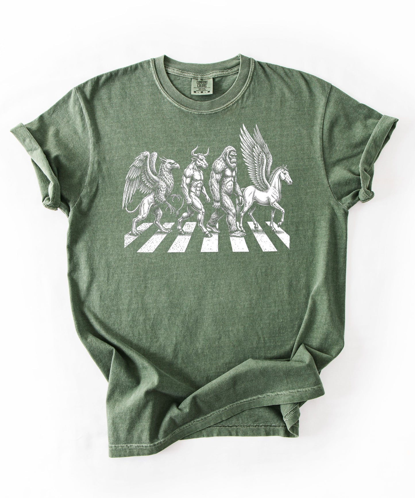 Mythic creatures Abbey Road parody tee in Moss— Griffin Centaur Bigfoot Pegasus crosswalk graphic