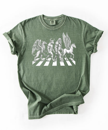 Mythic creatures Abbey Road parody tee in Moss— Griffin Centaur Bigfoot Pegasus crosswalk graphic