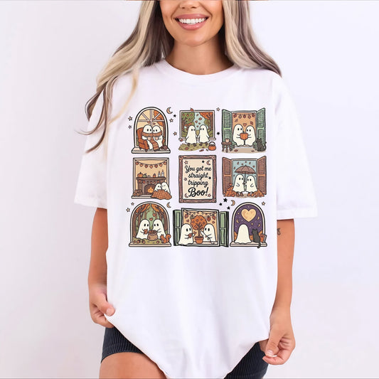 White unisex ghost graphic tee - You Got Me Straight Tripping Boo print