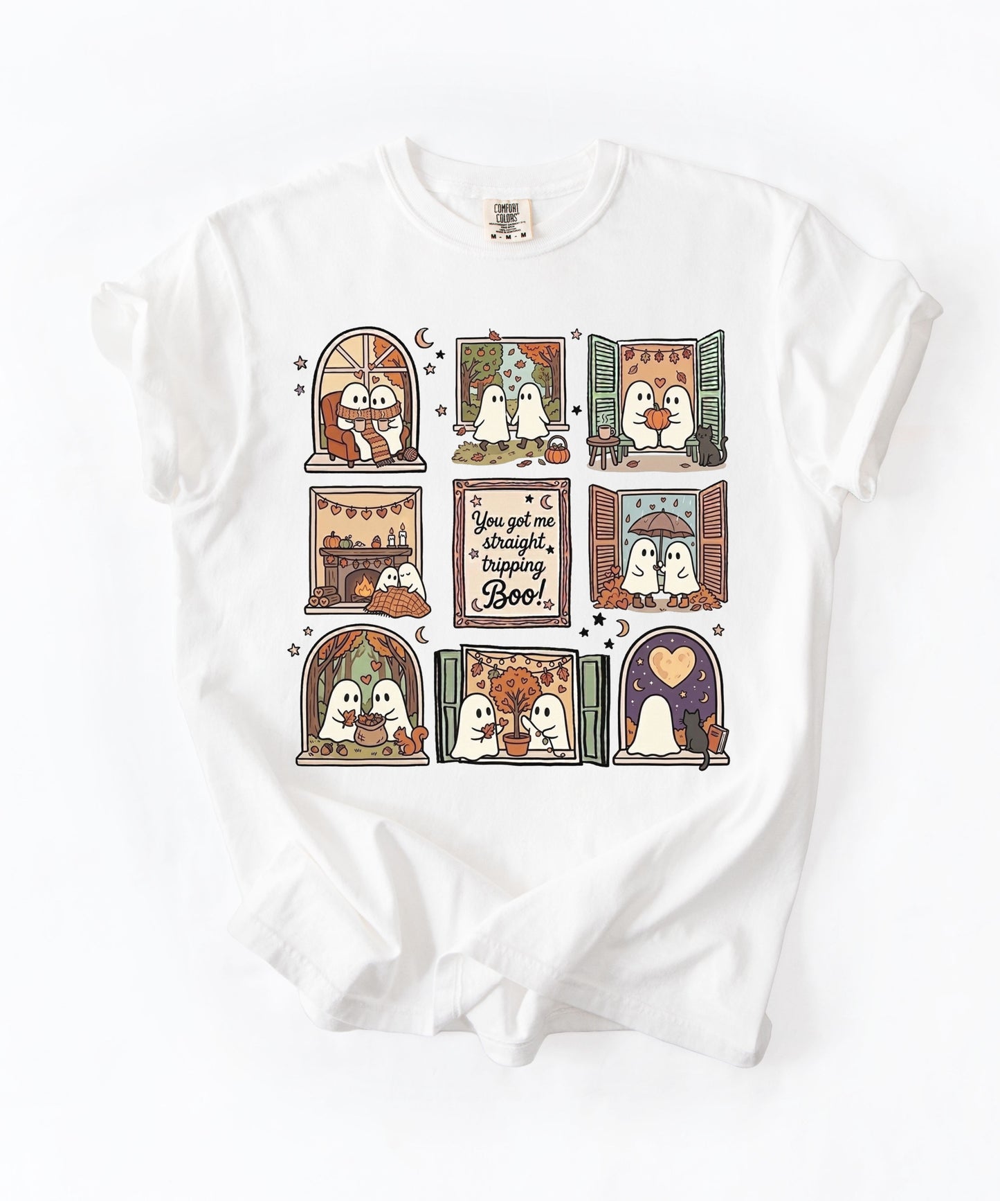 White unisex ghost graphic tee - You Got Me Straight Tripping Boo print