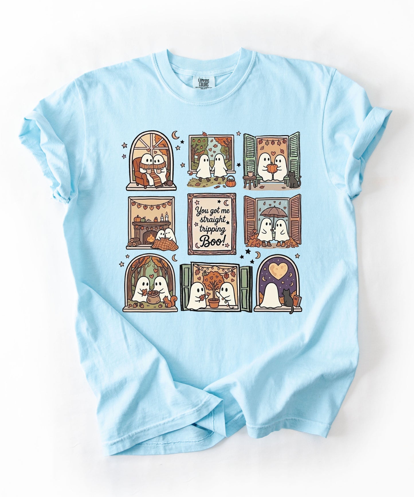 Chambray unisex ghost graphic tee - You Got Me Straight Tripping Boo print