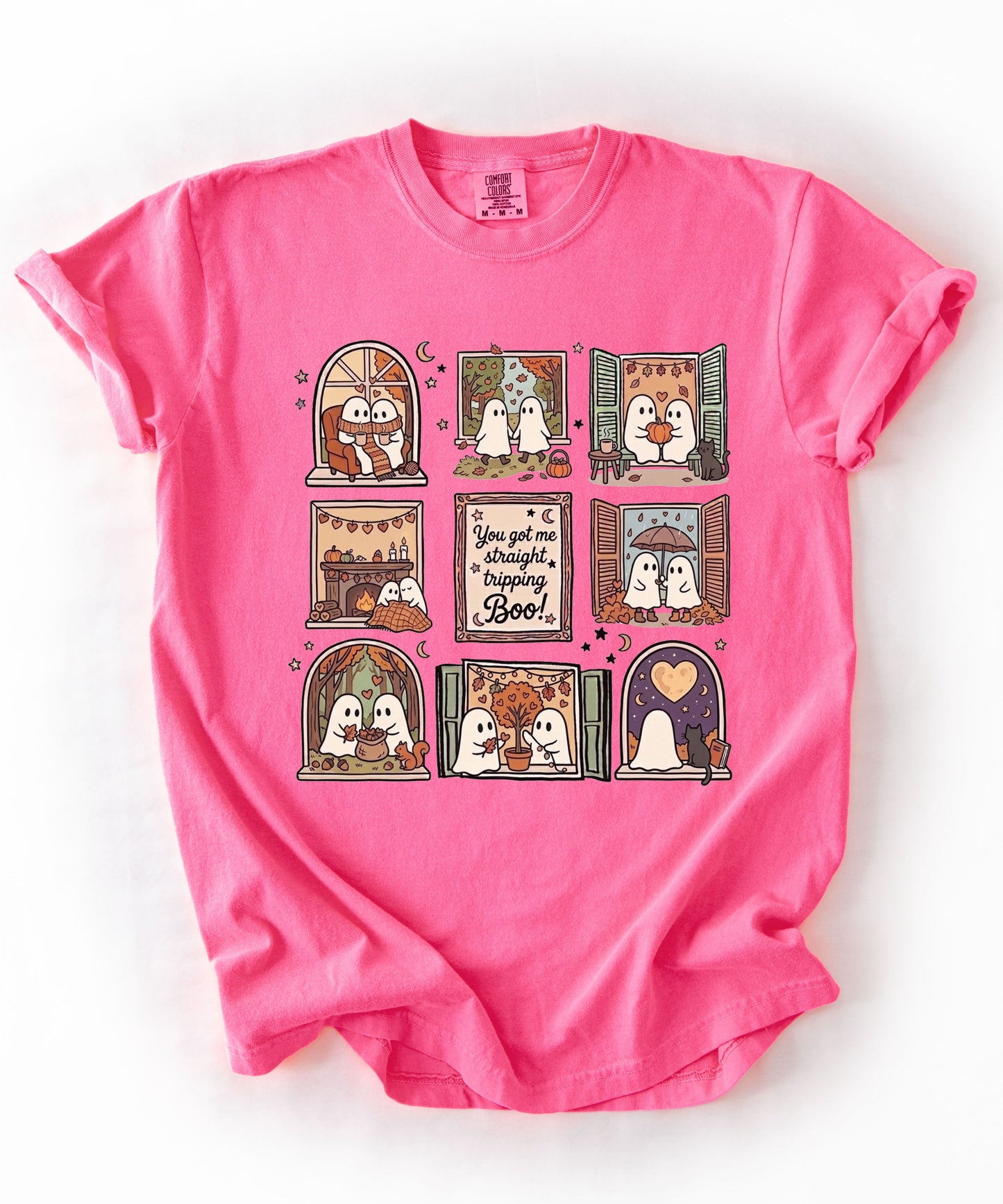 Neon Pink unisex ghost graphic tee - You Got Me Straight Tripping Boo print