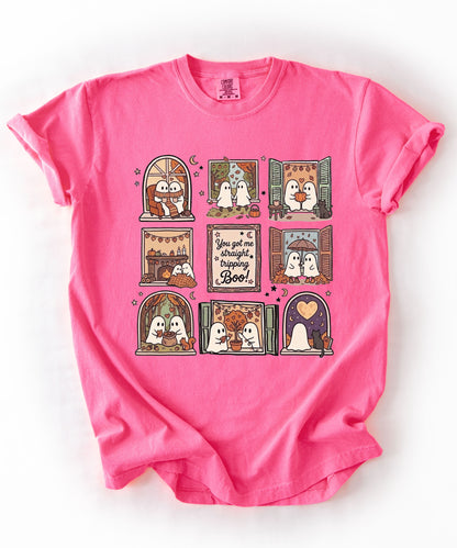 Neon Pink unisex ghost graphic tee - You Got Me Straight Tripping Boo print