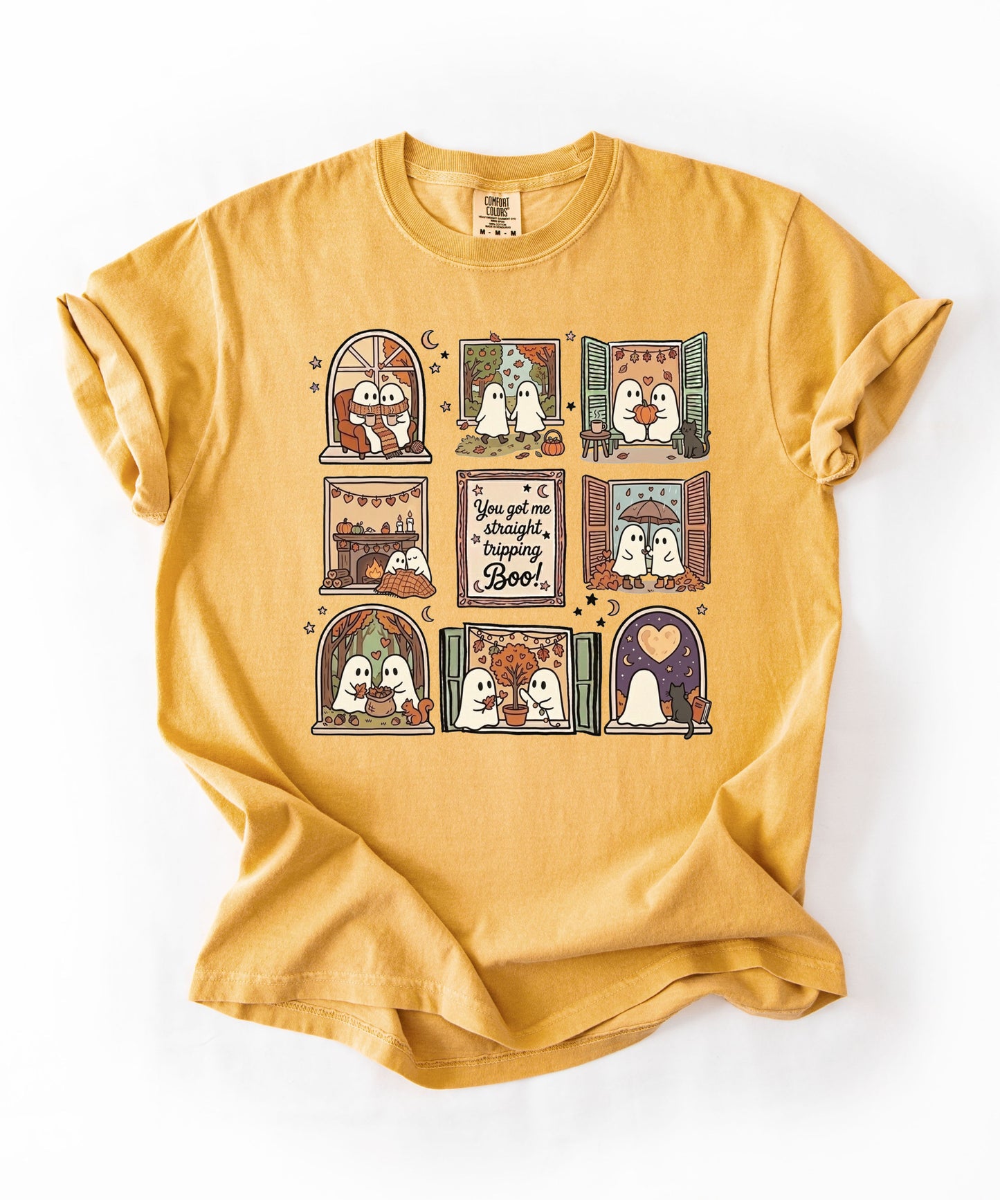 Mustard unisex ghost graphic tee - You Got Me Straight Tripping Boo print