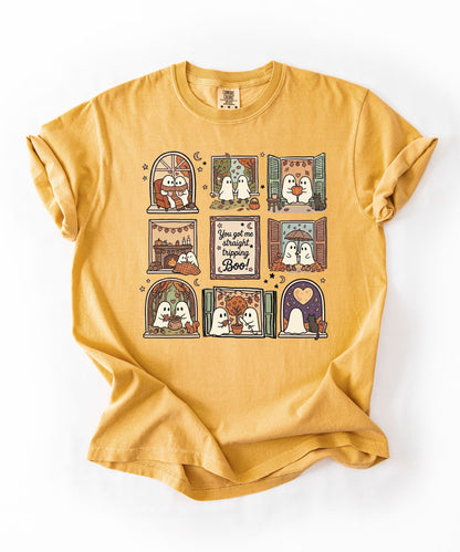 Mustard unisex ghost graphic tee - You Got Me Straight Tripping Boo print