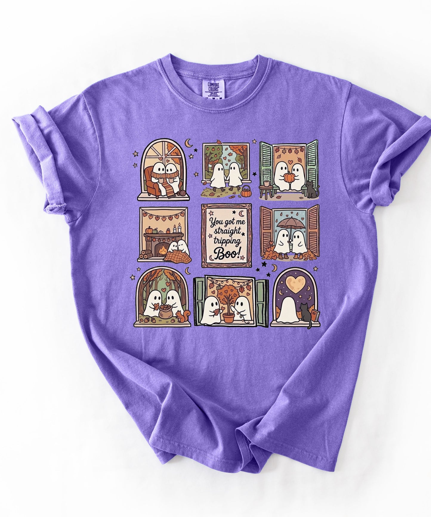 Violet unisex ghost graphic tee - You Got Me Straight Tripping Boo print