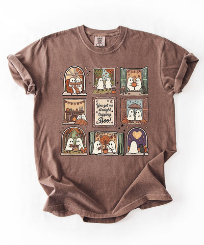Espresso unisex ghost graphic tee - You Got Me Straight Tripping Boo print
