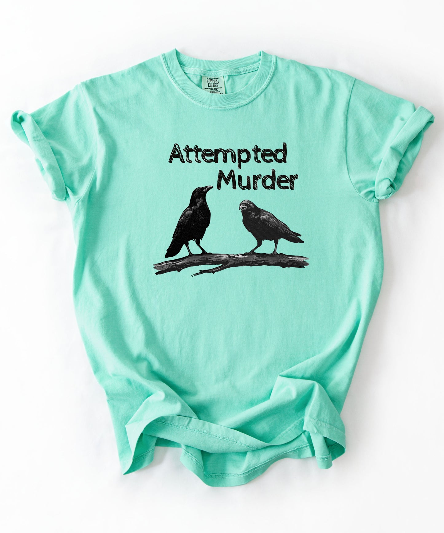 Island Reef garment-dyed unisex crow graphic tee — Attempted Murder dark humor bird pun shirt