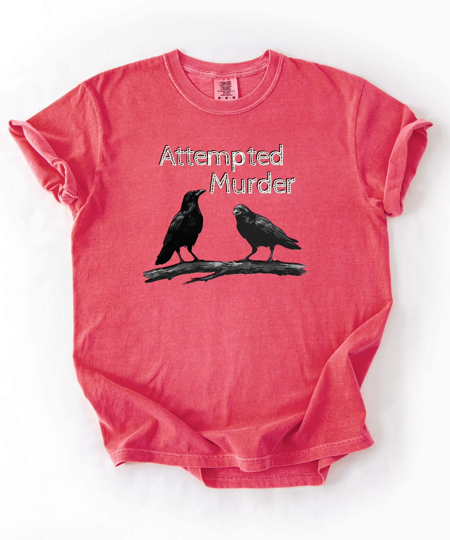 Watermelon garment-dyed unisex crow graphic tee — Attempted Murder dark humor bird pun shirt