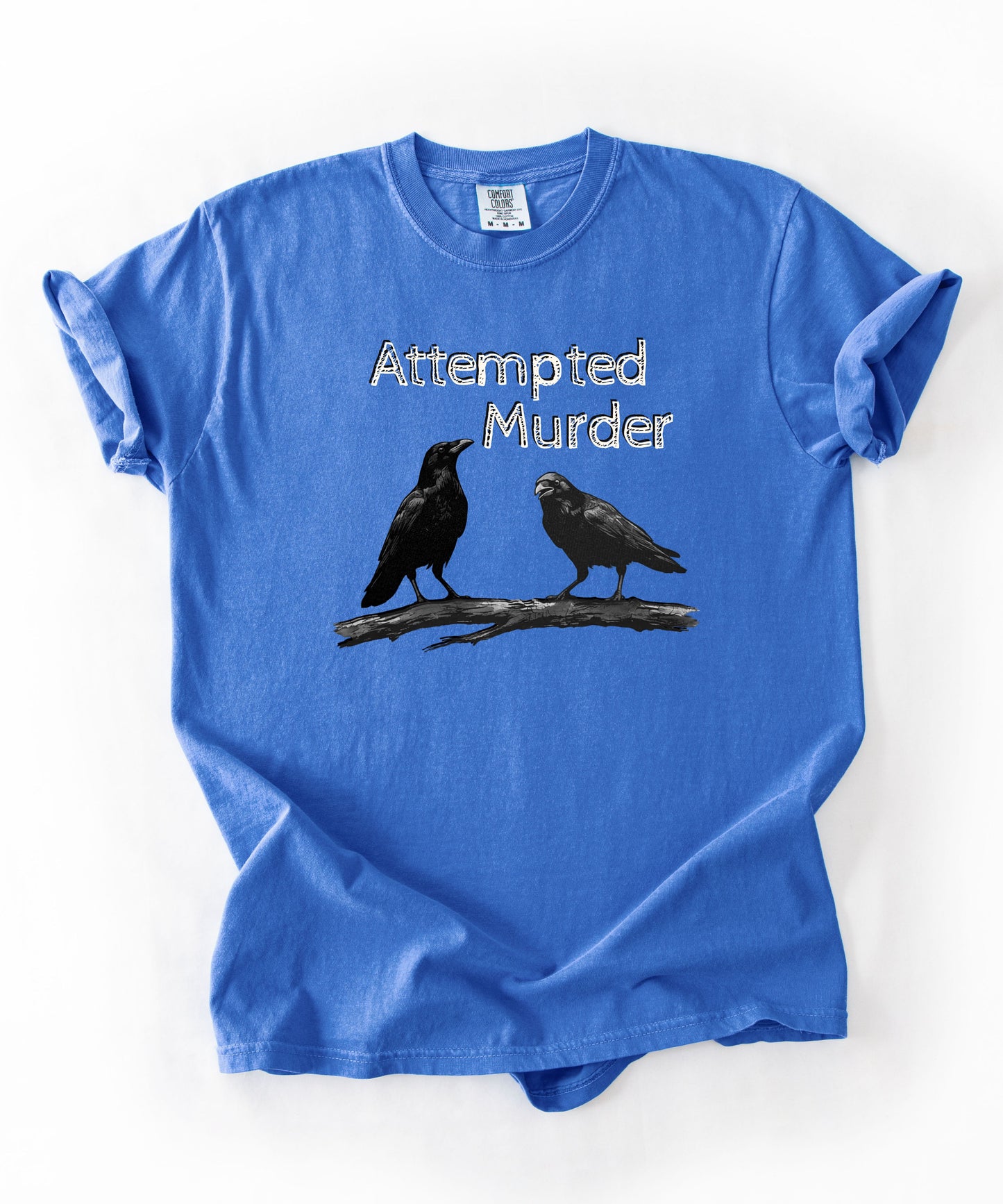 Flo Blue garment-dyed unisex crow graphic tee — Attempted Murder dark humor bird pun shirt