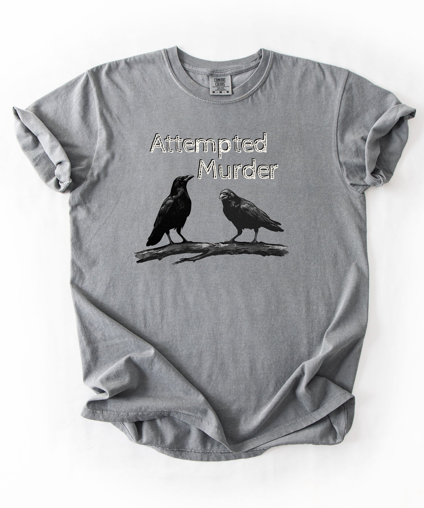 Grey garment-dyed unisex crow graphic tee — Attempted Murder dark humor bird pun shirt