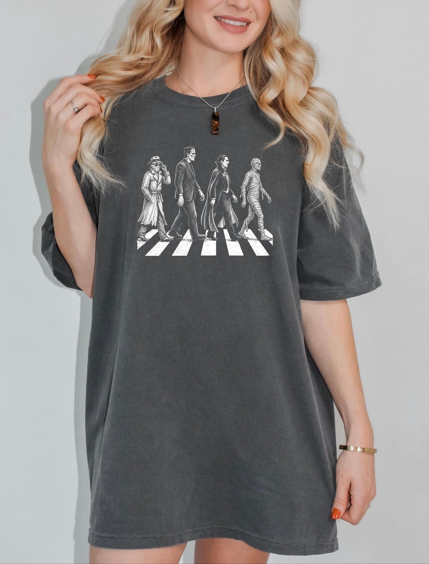 Pepper garment-dyed unisex classic movie monsters Abbey Road graphic tee — vintage horror shirt