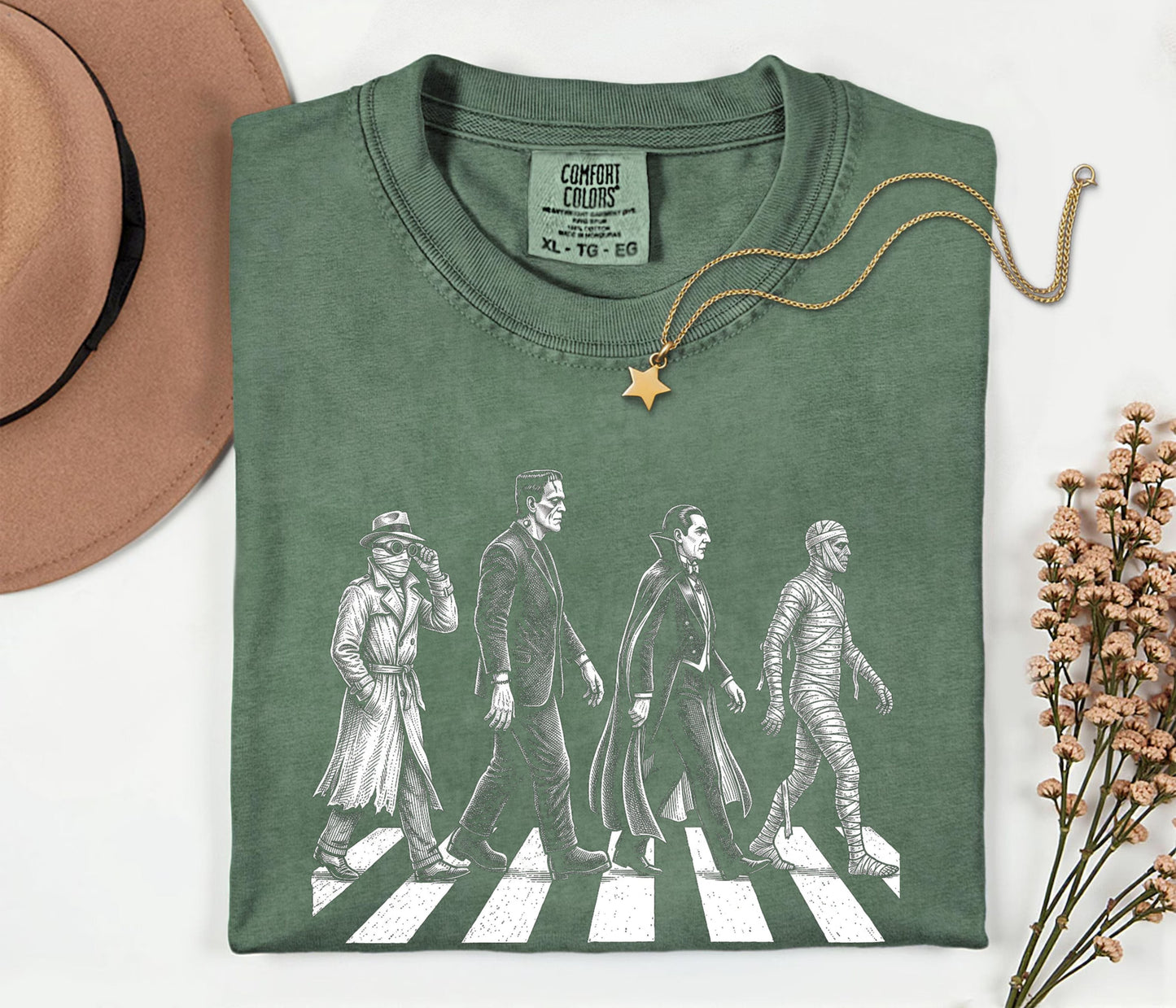 Moss garment-dyed unisex classic movie monsters Abbey Road graphic tee — vintage horror shirt
