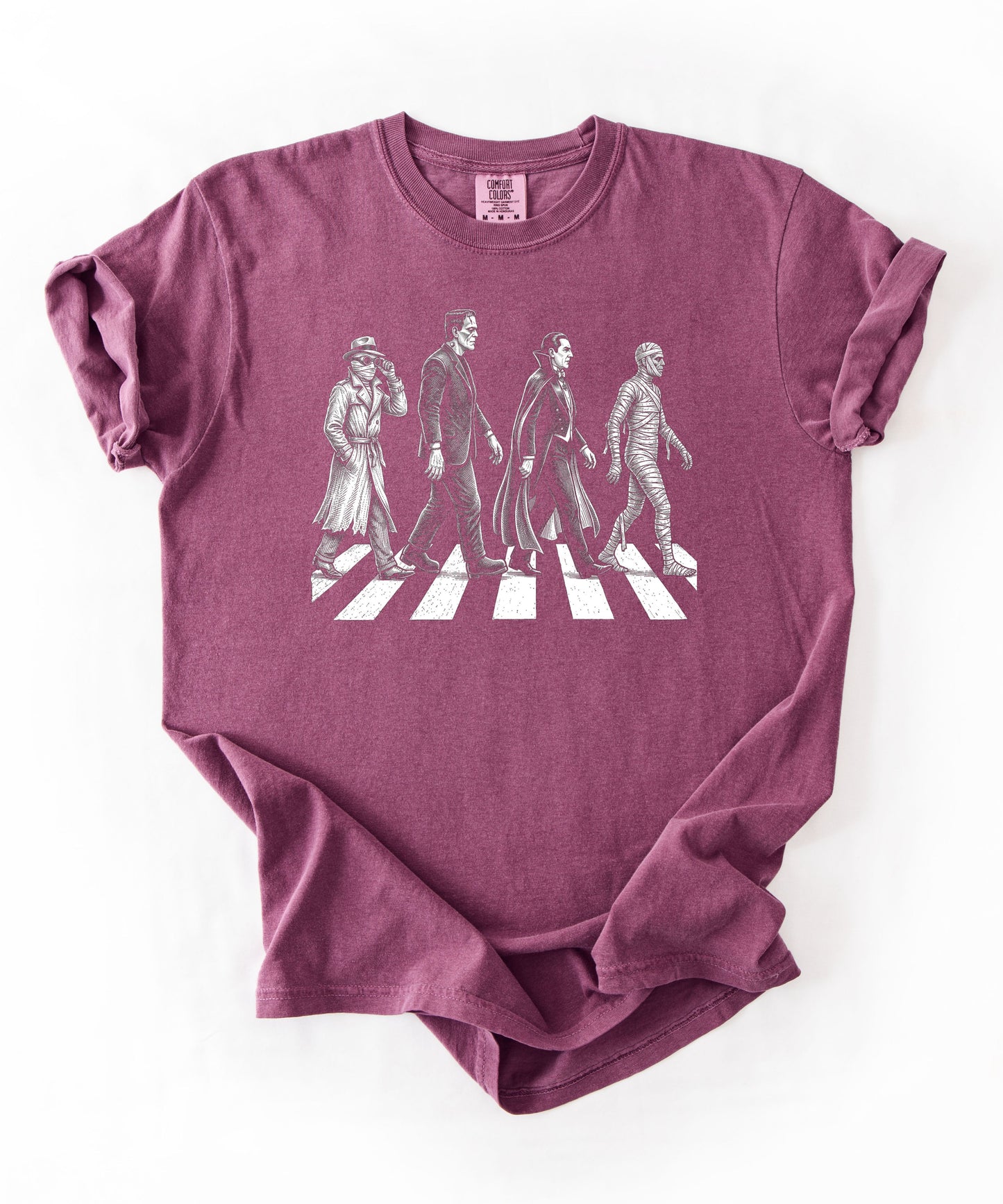 Berry garment-dyed unisex classic movie monsters Abbey Road graphic tee — vintage horror shirt