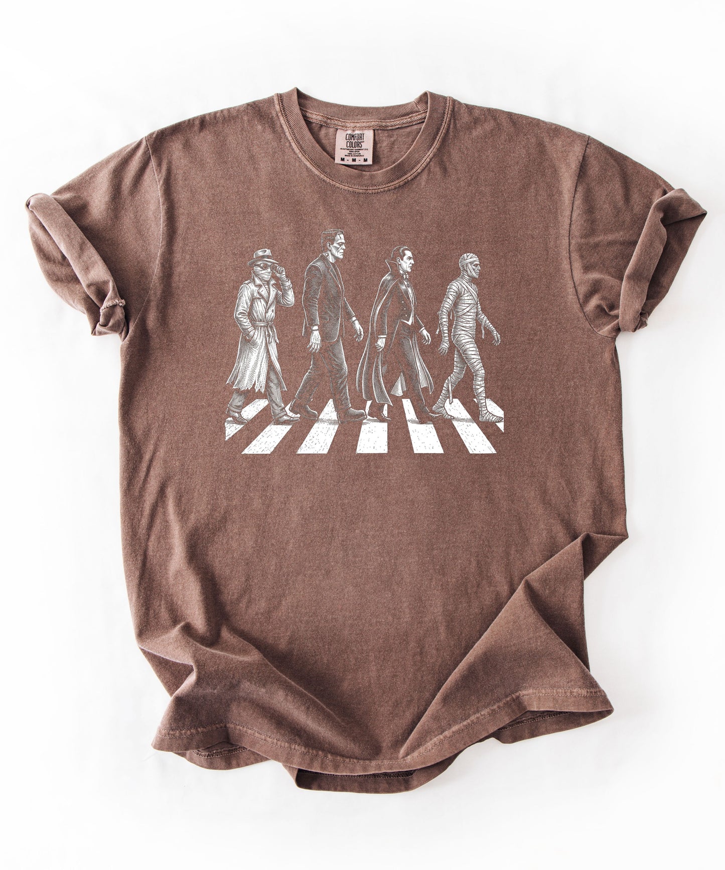 Espresso garment-dyed unisex classic movie monsters Abbey Road graphic tee — vintage horror shirt