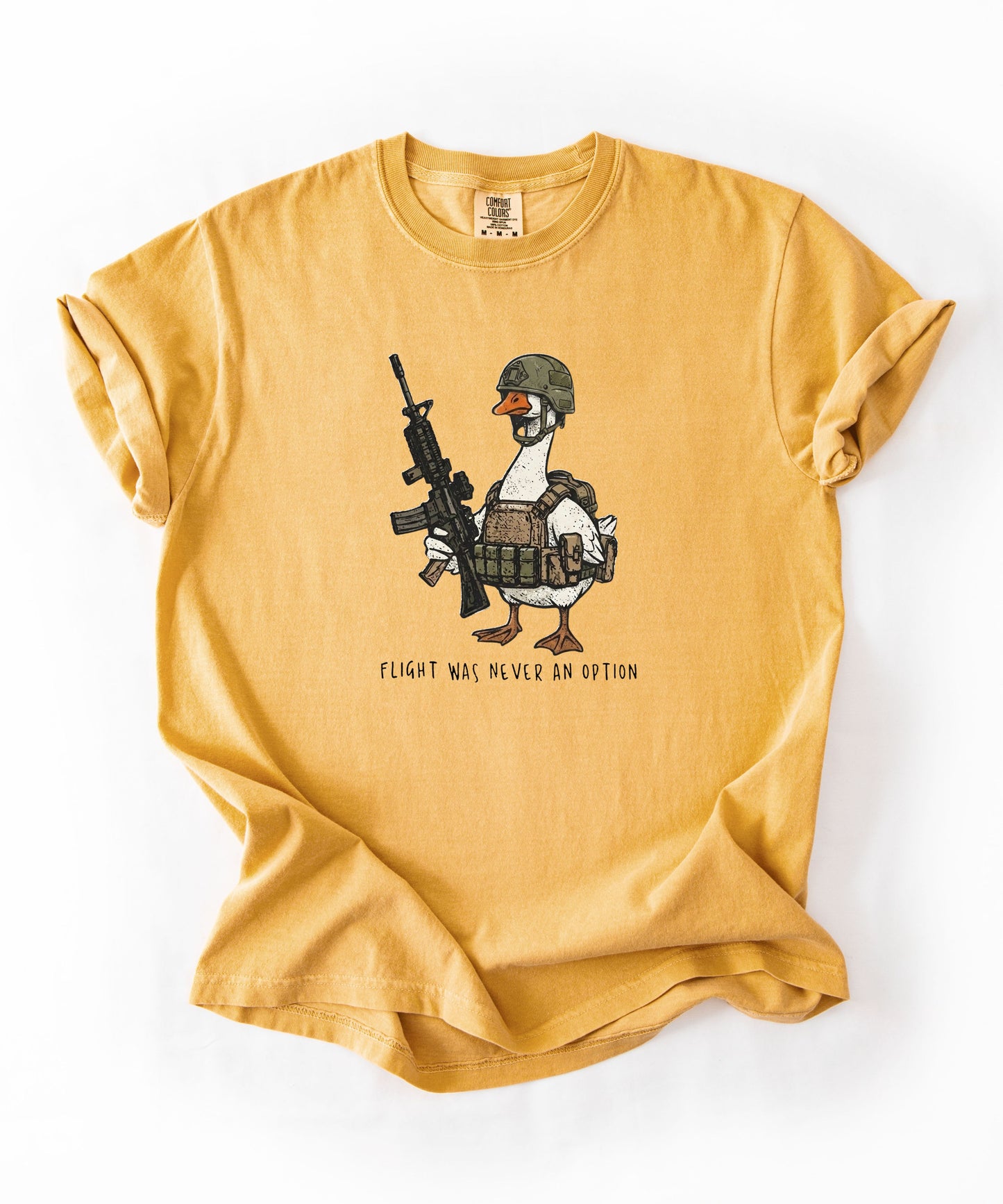 Mustard garment-dyed unisex tactical goose graphic tee — Flight Was Never an Option silly goose shirt