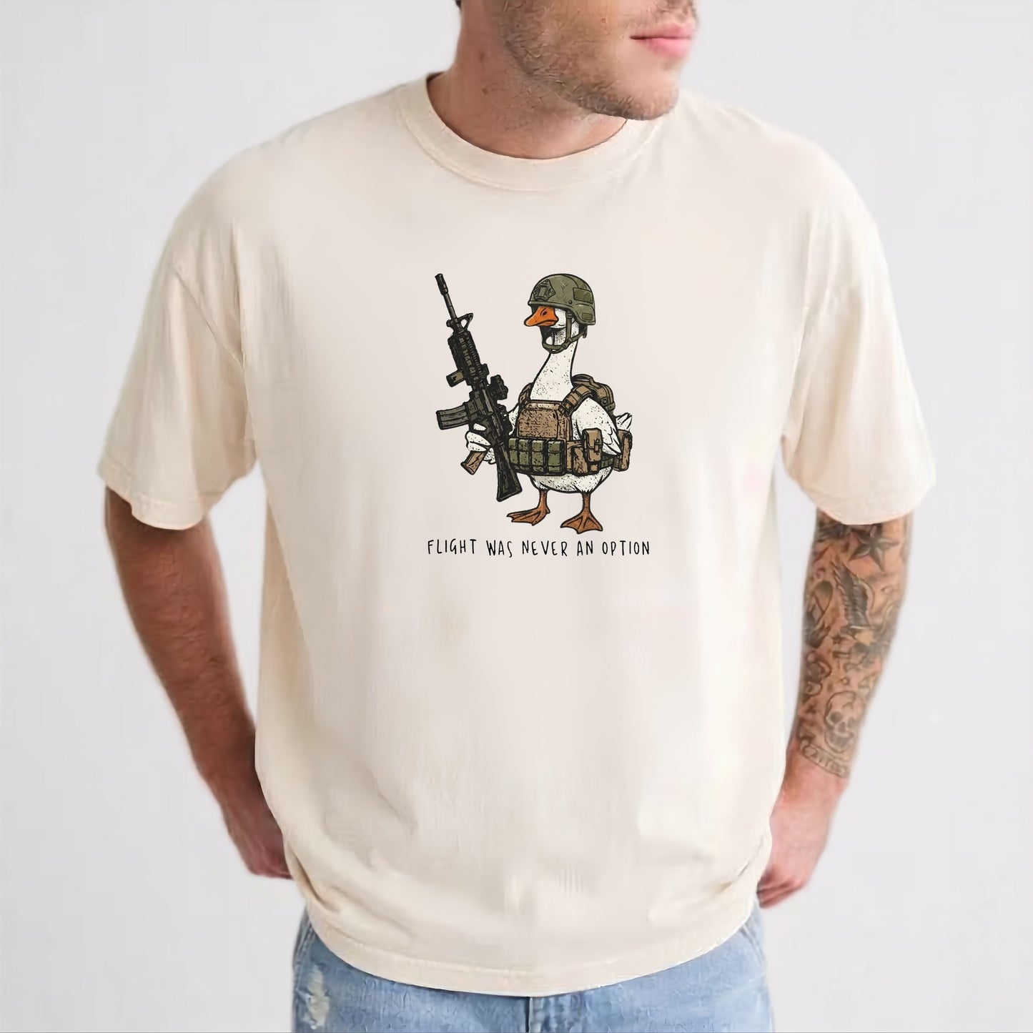 Ivory garment-dyed unisex tactical goose graphic tee — Flight Was Never an Option silly goose shirt