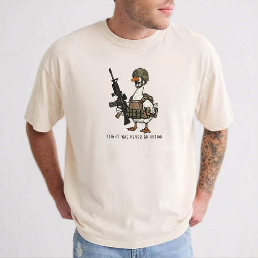 Ivory garment-dyed unisex tactical goose graphic tee — Flight Was Never an Option silly goose shirt