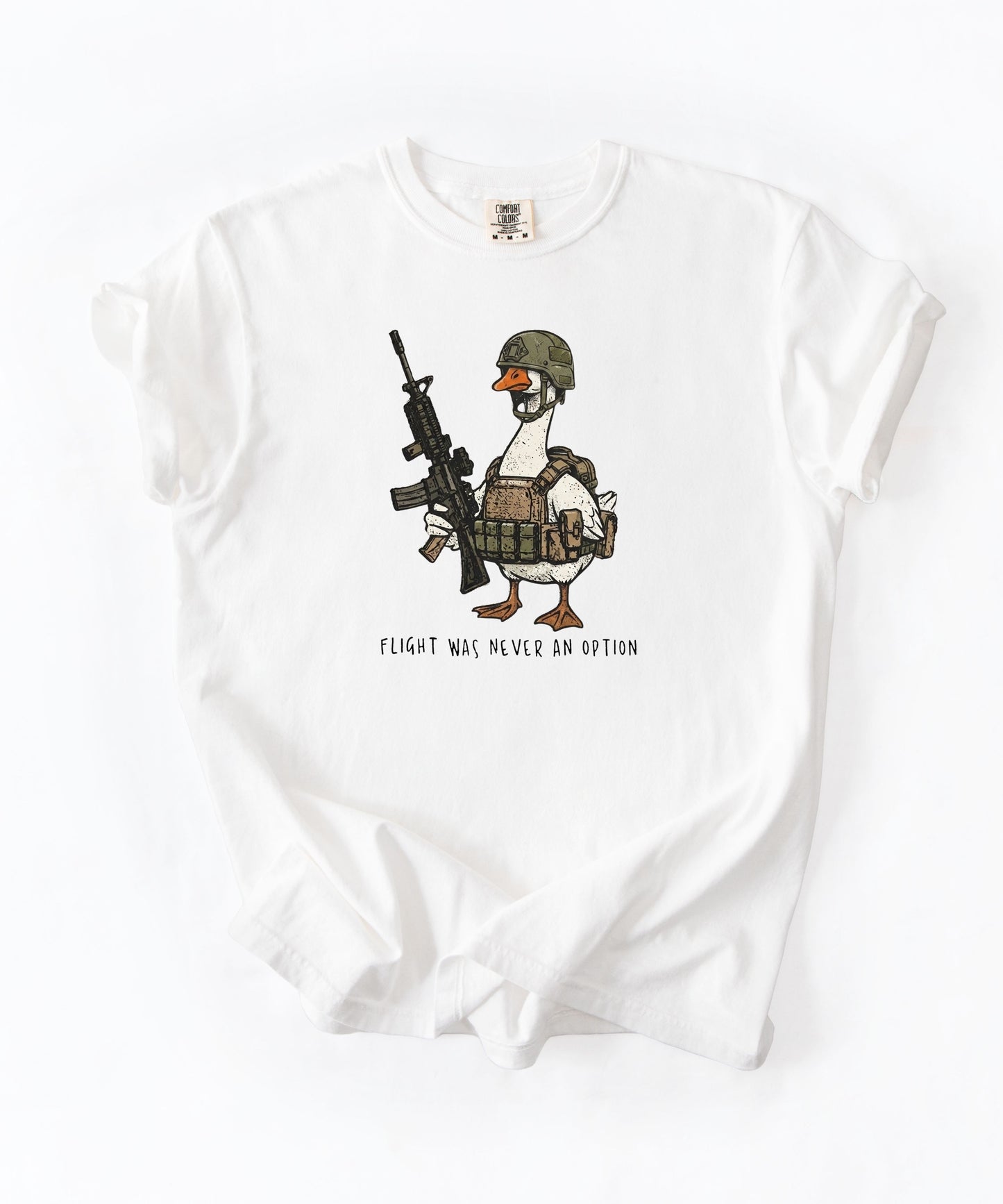 White garment-dyed unisex tactical goose graphic tee — Flight Was Never an Option silly goose shirt